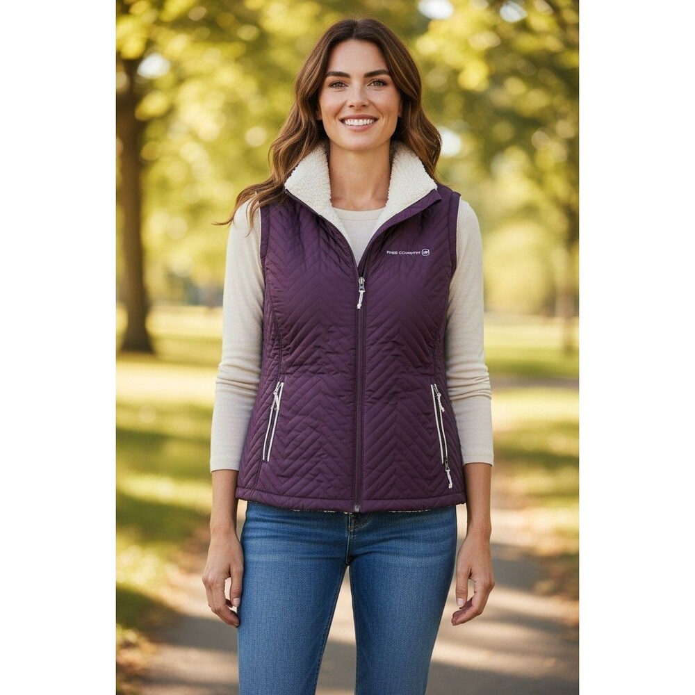 Free Country Full Zip Puffer Vest Women's XL Plum Sherpa Lined Outdoor Winter